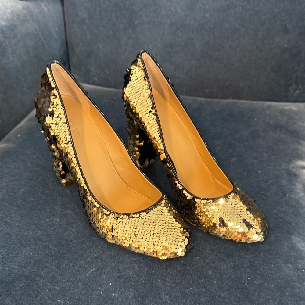 J. Crew Gold Sequin Block Heel Pumps